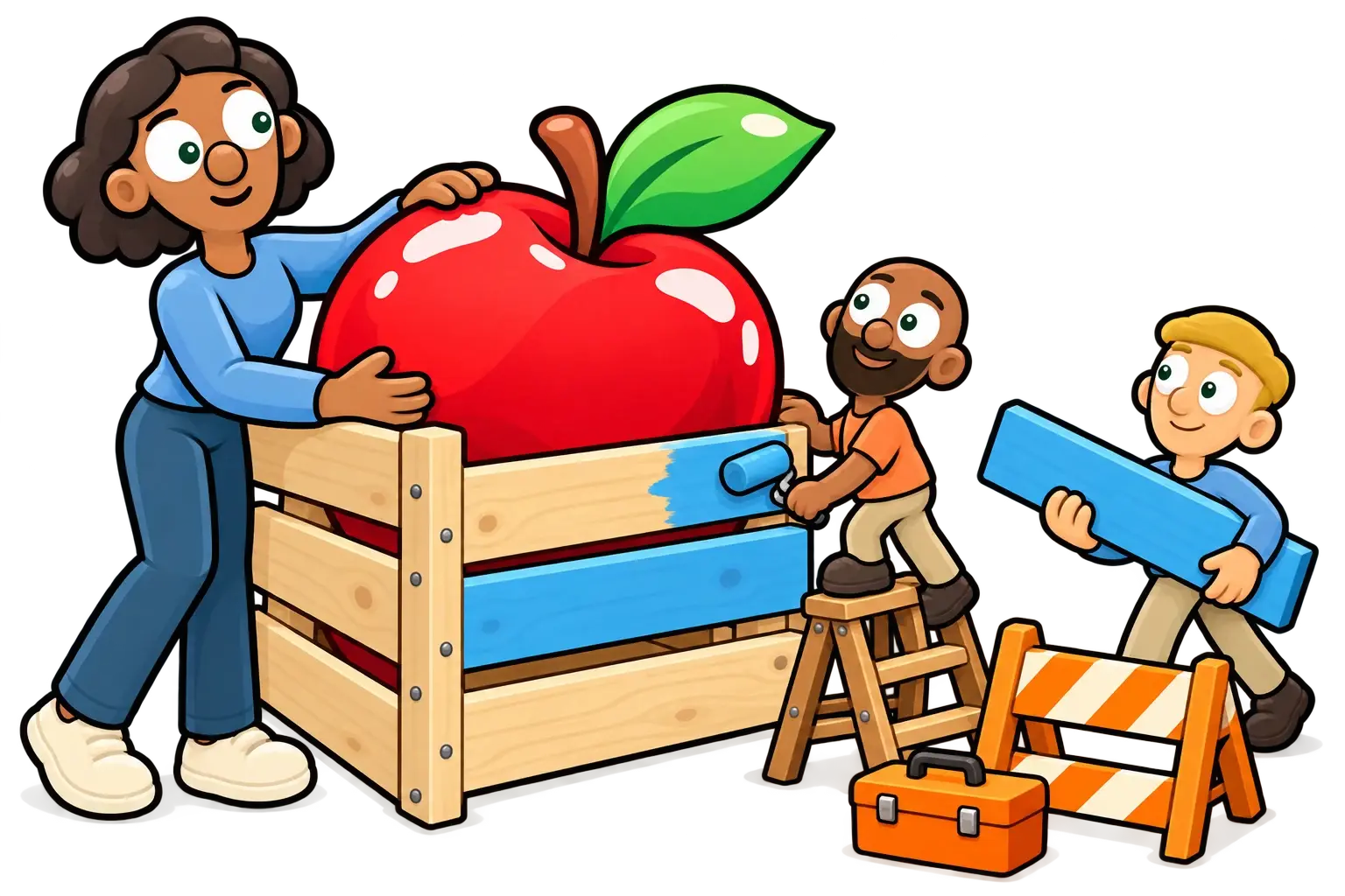 Three smiling shoppers of different sizes build and paint a crate around an enormous red apple.